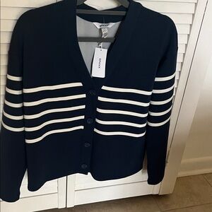 SPANX Navy V-Neck Button Cardigan with White Stripes